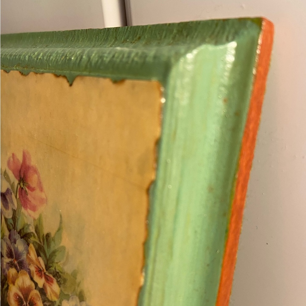 Vintage flower art wood wall hanging  ppansy flower basket card painted MCM 70s - Picture 2 of 16